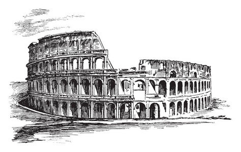 罗马竞技场, 如模拟海战, 基于古典神话的戏剧, 复古线条画或雕刻插图