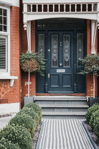 彩色彩色玻璃木门的传统维多利亚风格的房子在伦敦, 英国。彩色玻璃仍然是维多利亚家庭的焦点