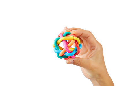 裁剪手持有彩色玩具被隔离在白色背景。业务概念的连接不同部门成一体