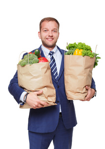快乐的人持有与健康食品，杂货买方隔离袋