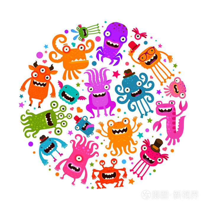 可爱的怪物或微生物.卡通矢量图