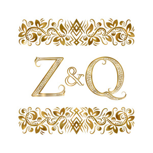 Z 和 Q 缩写复古标志。被观赏元素包围的字母。婚礼或商业伙伴在皇家风格的字母组合
