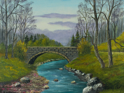一座小河上的旧石桥油画