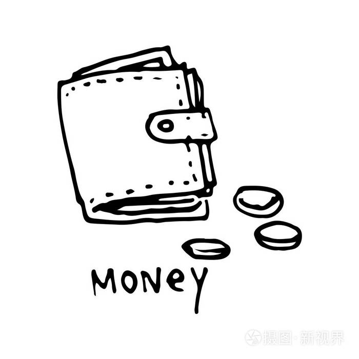 涂鸦钱包图标墨水手绘素描轮廓黑色白色矢量设计着色书页