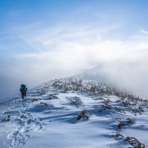 组的徒步旅行者在朦胧的冬天山