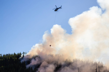 直升机在炎热的阳光明媚的夏日里与 Bc 森林大火搏斗。靠近爱丽丝, 温哥华北部岛屿, 加拿大不列颠哥伦比亚省