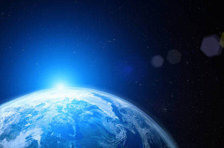 在日出时在太空中看到蓝色行星地球, Nasa 提供的这张图片的元素, 3d renderin