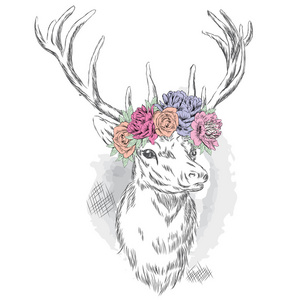 美丽的鹿在鲜花花圈。对于卡或海报的矢量图。打印在衣服和配件