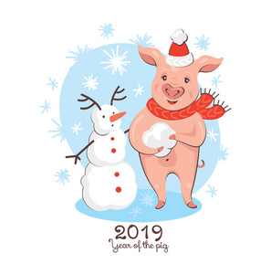 2019新年贺卡与猪和雪人。年的猪。矢量插图