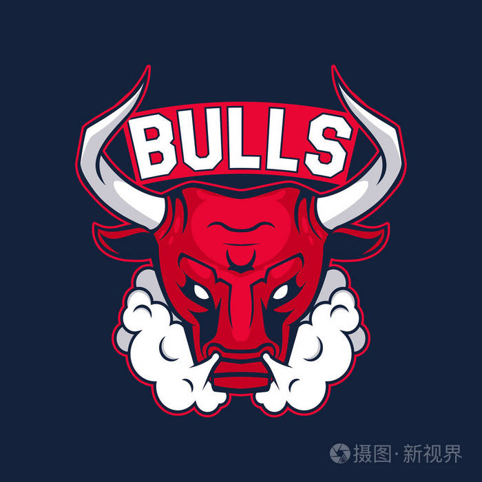 运动队的公牛吉祥物.公牛, 标志, 黑暗背景上的符号