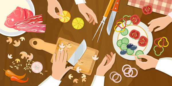 团队的厨师准备食物顶视图卡通照片