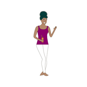 深色皮肤的女孩, 女人在白色的裤子, 紫色的 t恤, 卷曲的黑色头发白色设计元素股票矢量插图为网页, 用于打印