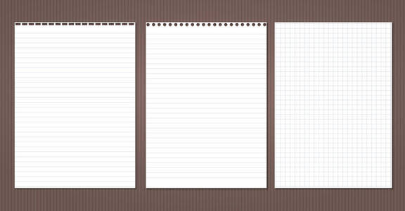 白色衬里和平方音符, 笔记本纸卡在棕色衬里的背景。矢量插图