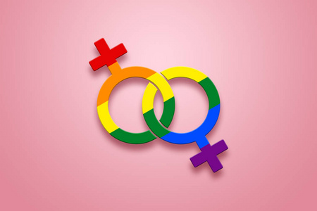 两个女性标志在粉红色背景上以 lgbt 颜色绘制.