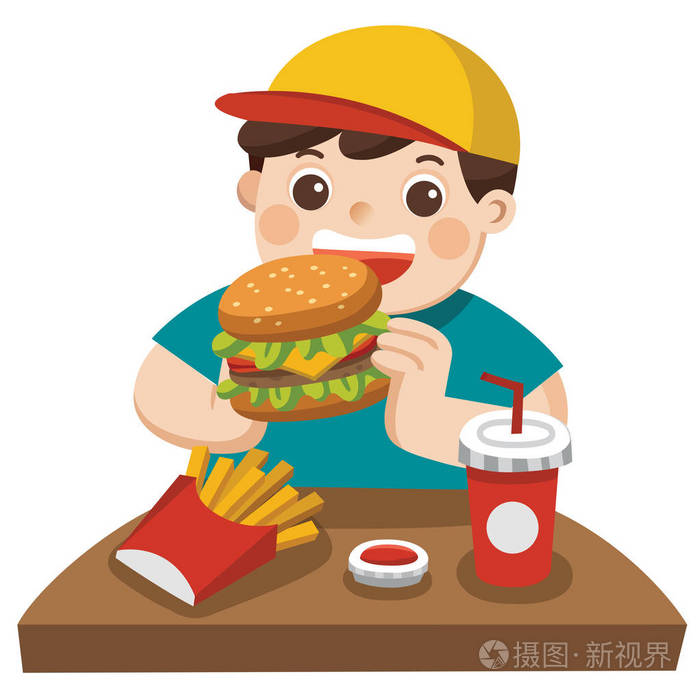 一个可爱的男孩吃汉堡包与薯条, 和苏打.他吃快餐