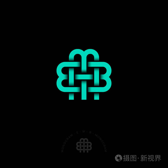 EM 和 B 字母。E, M, B 字母组合组成的刺绣 azure 线, 孤立的黑暗背景。单色选项