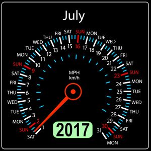 到 2017 年日历速度计汽车向量中。7 月