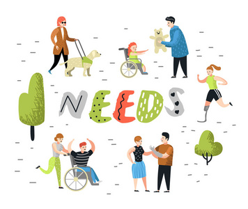 残疾人卡通, 男人和孩子在轮椅上.残疾人士, 妇女与术.矢量插图照片