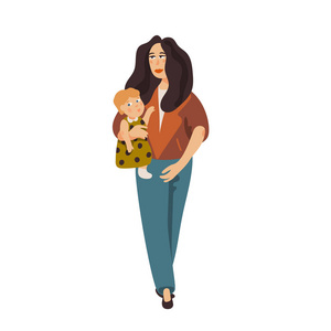 时尚的年轻母亲抱着.时髦的穿着妈妈陪着小女孩散步.