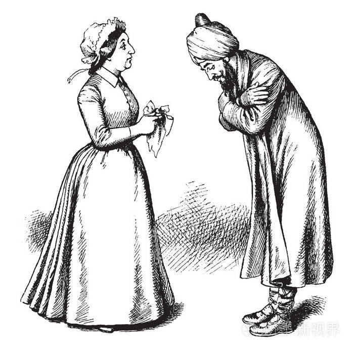 男人向女人鞠躬, 复古线条画或雕刻插图