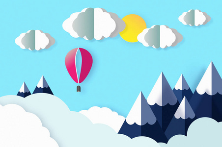 纸艺术折纸, 美丽的山与雪, 云彩, 太阳和飞行气球的风景