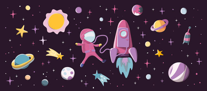 宇航员女孩在太空火箭附近。宇宙飞船, 恒星和行星背景
