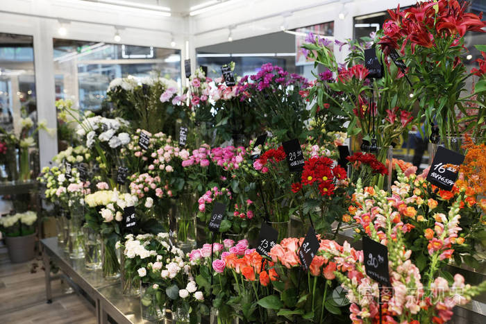 在商店的美丽的花朵的分类.花店的工作场所