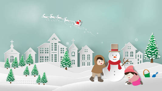 圣诞快乐, 新年愉快.孩子们堆雪人和下雪的风景.
