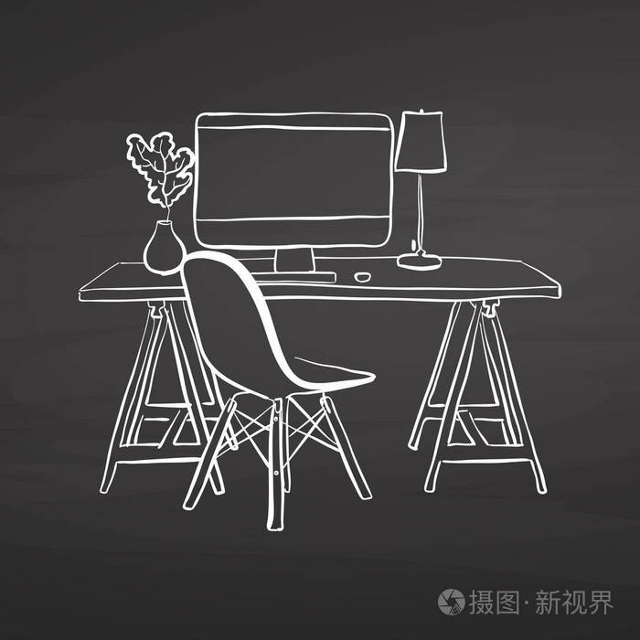 在黑板上画办公桌.手绘矢量草图.经营理念设计