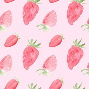 水彩无缝图案与草莓。手绘设计, 粉红色背景, 夏日水果插图。邀请函, 贺卡, 墙纸, 横幅, 网页, 印刷品的设计