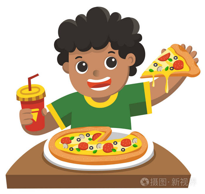 一个可爱的男孩吃了一大块披萨