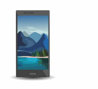 智能手机与山上的景观层在屏幕上。移动摄影概念