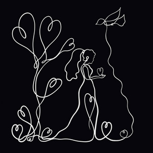 一个女人在她的手, 一棵树和一只飞鸟, 一个在黑色背景上的一条长白线