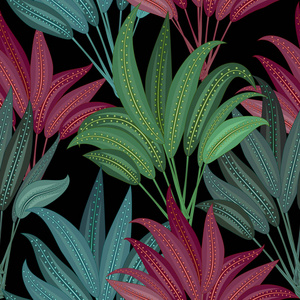 无缝模式的异国情调的丛林植物热带棕榈叶, 花向量在黑色的背景。自然壁纸。矢量背景