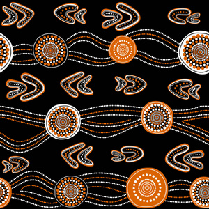 澳大利亚原住民无缝矢量图案, 白色和橙色虚线圆圈, 圆环, 飞镖和波浪条纹黑色背景