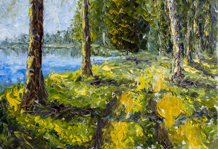 绿色河岸上长高的树木--夏日风景--油画和调色板刀的碎片关闭印象派