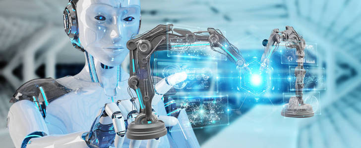 渲染的白女人机器人机器人正与高科技触摸屏机械手工作与虚拟现实触摸