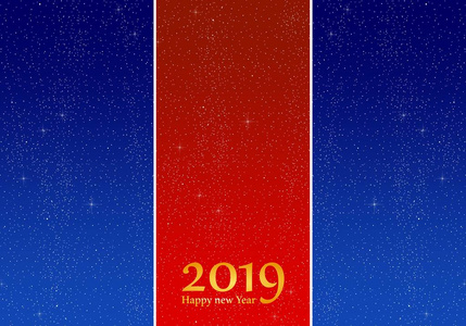 星条图案新年问候2019年与明亮的蓝色背景和红色小条与发光的星与黄色