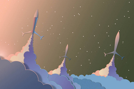 太空艺术, 火箭发射到天空.夜空中闪耀着星星.启动业务概念照片