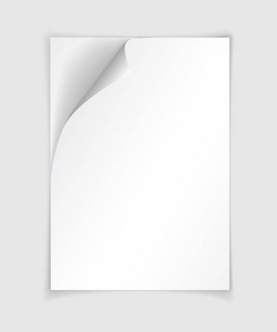 矢量白色写实纸页与卷曲的角落。在浅灰色背景下折叠有软阴影的纸片。A4 网页模拟。3d 插图。设计模板