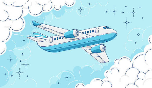 飞机客机在天空中飞翔, 四周环绕着云彩, 美丽的细线3d 矢量插画照片