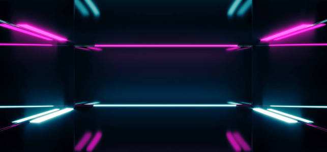 未来科幻空暗反光现代舞台带蓝色和紫色发光霓虹灯壁纸背景3d 渲染插图
