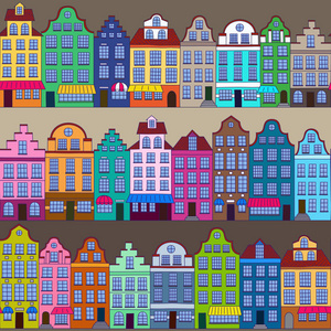 无缝模式与排屋在欧洲风格。五颜六色的手画的房子。无尽的背景