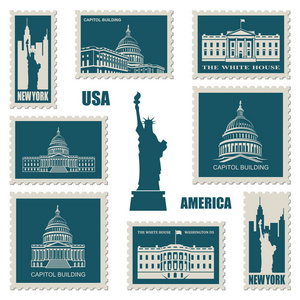 邮票设置与美国符号自由女神像, 国会大厦和白宫