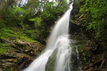 Tatras 的大瀑布, 位于斯洛伐克的绿山森林中