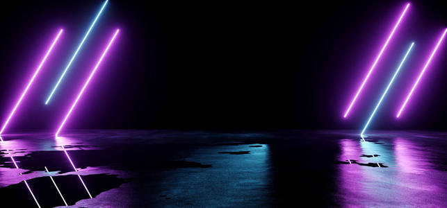 未来科幻现代空舞台反射式混凝土湿水房紫色和蓝色发光霓虹灯管形状空空间壁纸3d 渲染插图