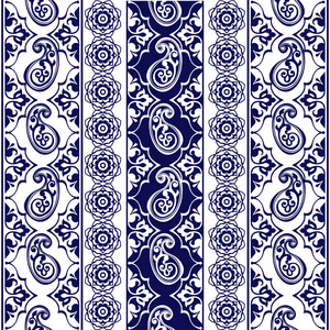组花边波西米亚无缝边框。蓝色的花朵图案，玫瑰，佩斯的条纹。织物，纺织，包装纸装饰背景