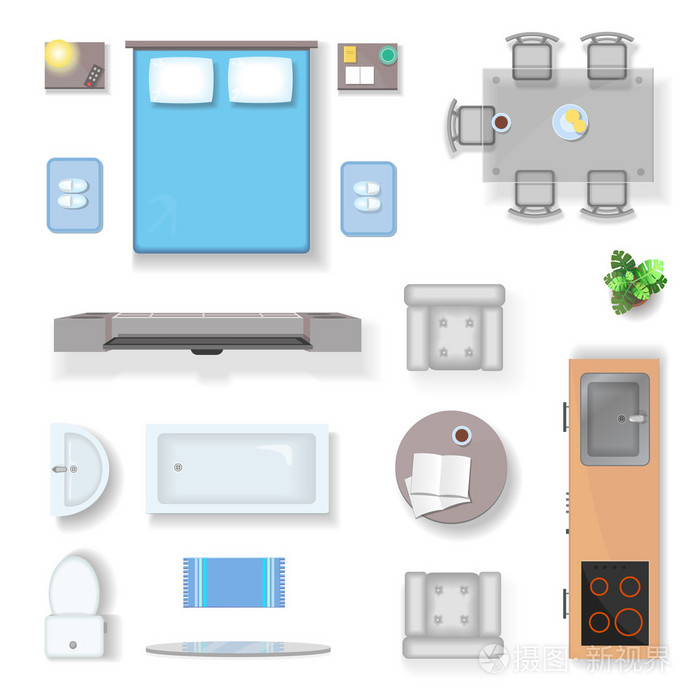 公寓的顶视图,客厅卧室和浴室家具设计元素现实分离向量