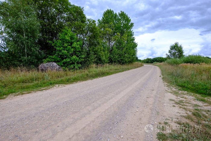 乡村森林里的乡间小石子路, 四周绿树成荫, 天空乌云密布.