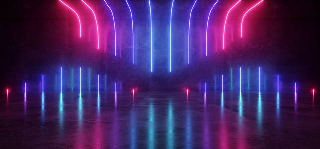 未来科幻现代空舞台带紫色和蓝色发光霓虹灯管形状空空间壁纸背景3d 渲染插图